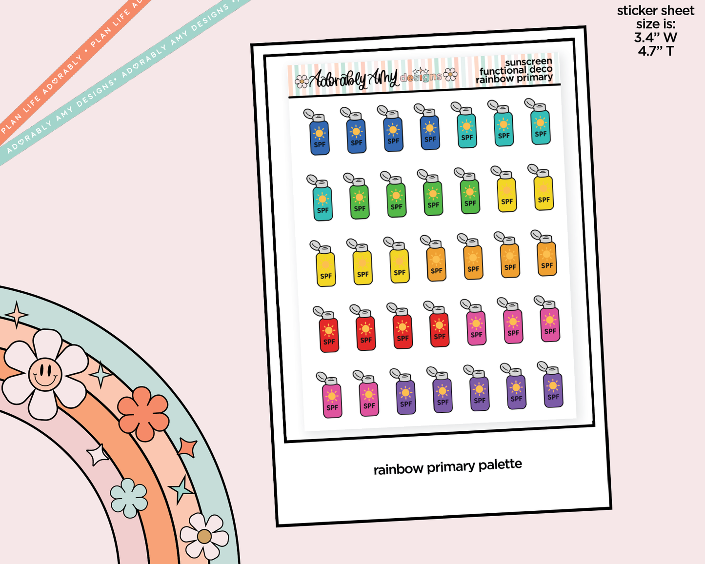 Rainbow Sunscreen - Wear Sunscreen Doodled Icon Stickers - Adorably Amy Designs