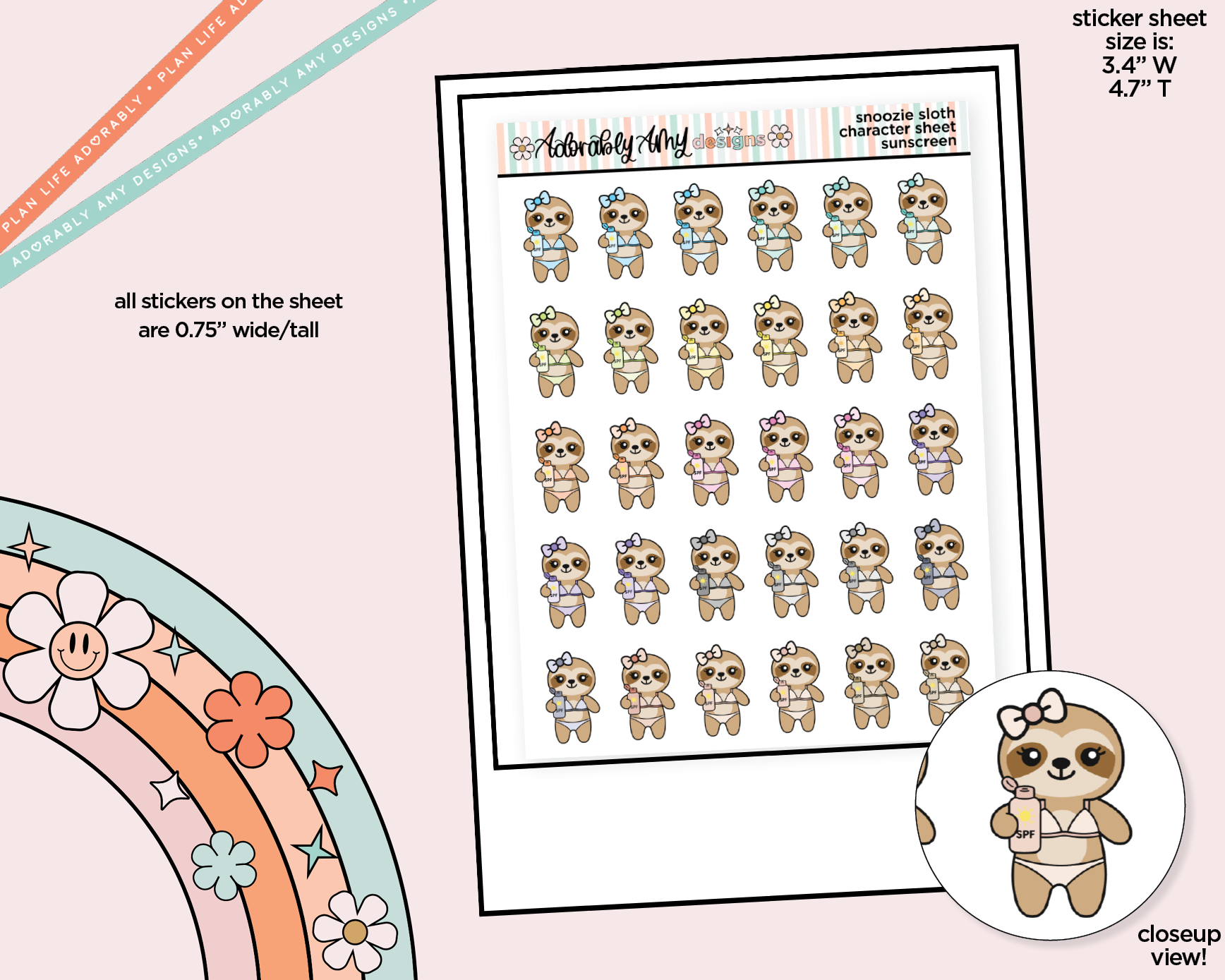 Snoozie Sloth Sunscreen - Put on Sunscreen Decoration Character Planner Stickers - Adorably Amy Designs