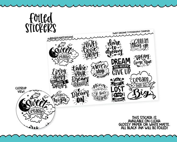 Foiled Sweet Dreams Typography Sampler Planner Stickers for any Planner or Insert