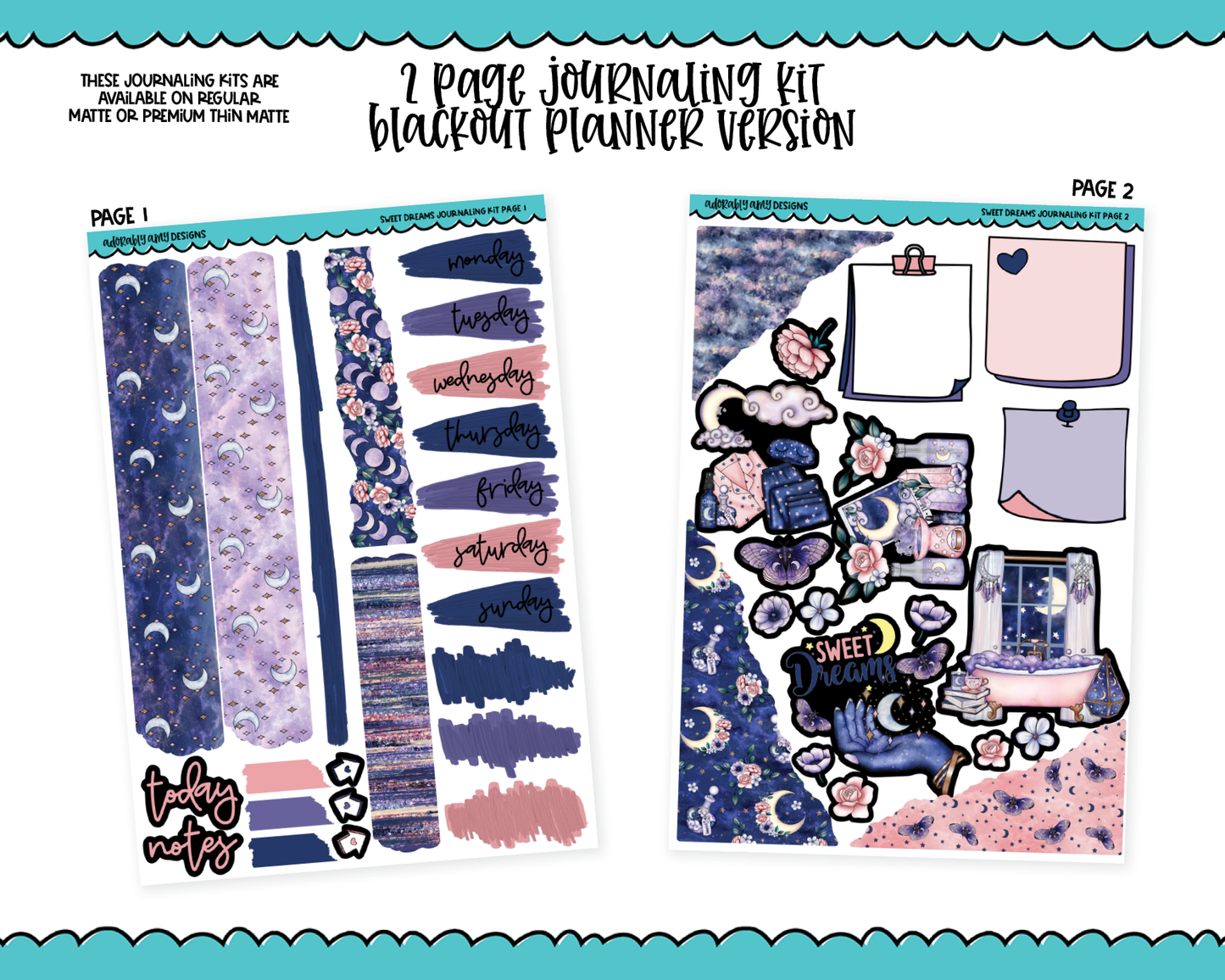 Journaling Kit Sweet Dreams Celestial Dream Sleep Themed Planner Sticker Kit in White OR Black for Blackout Planners