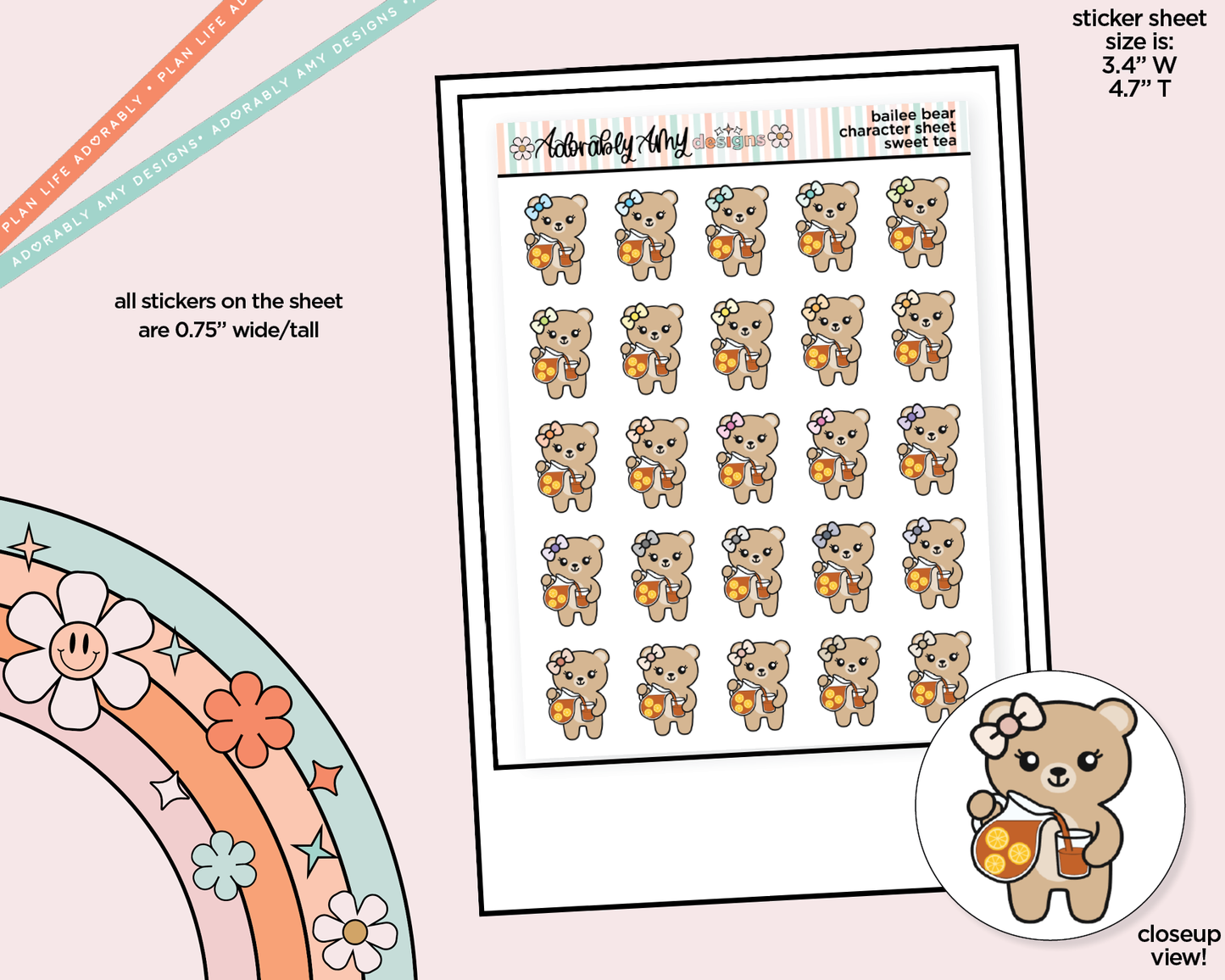 Bailee Bear Sweet Tea Decoration Character Planner Stickers - Adorably Amy Designs