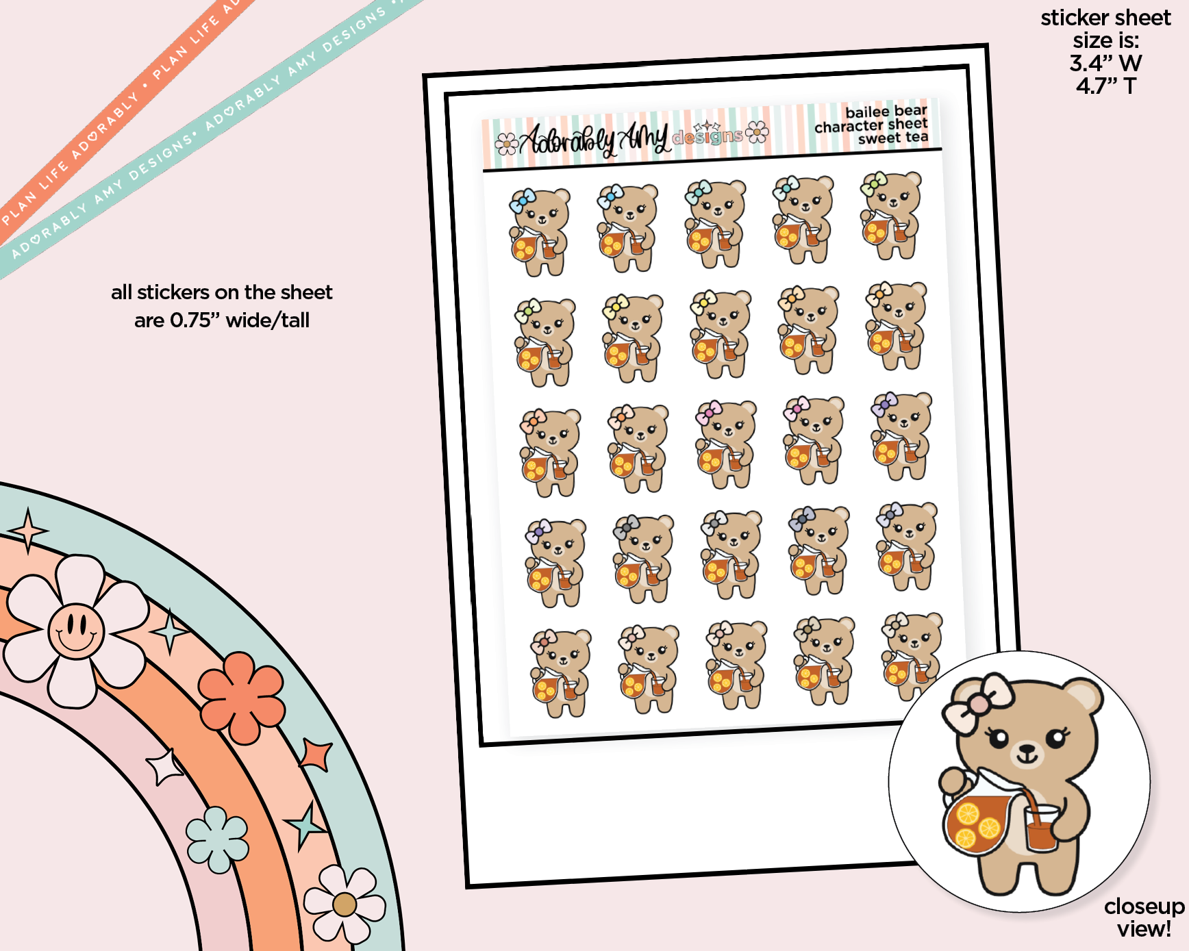 Bailee Bear Sweet Tea Decoration Character Planner Stickers - Adorably Amy Designs