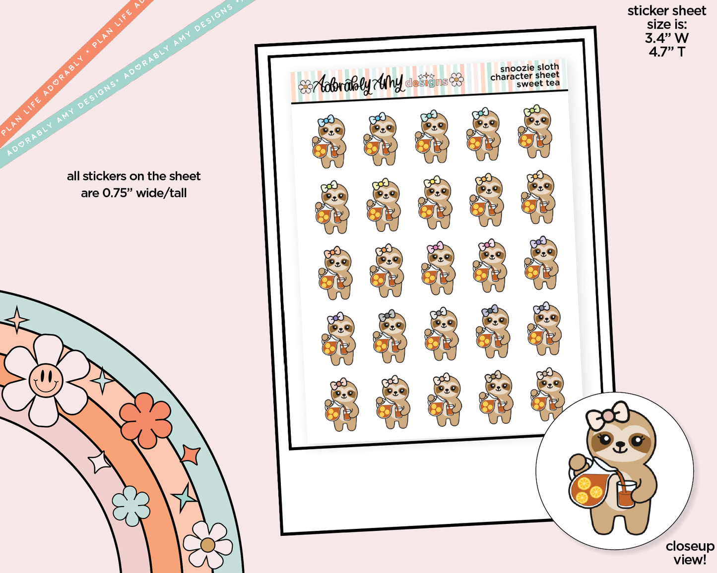 Snoozie Sloth Sweet Tea Decoration Character Planner Stickers - Adorably Amy Designs