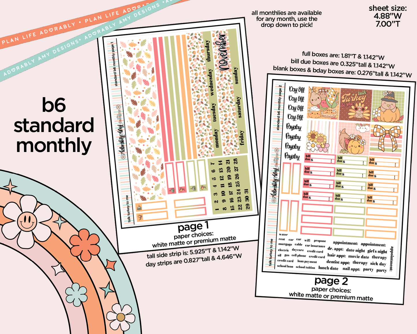 Standard B6 Monthly Pick Your Month Talk Turkey to Me Planner Sticker Kit for some B6 Planners