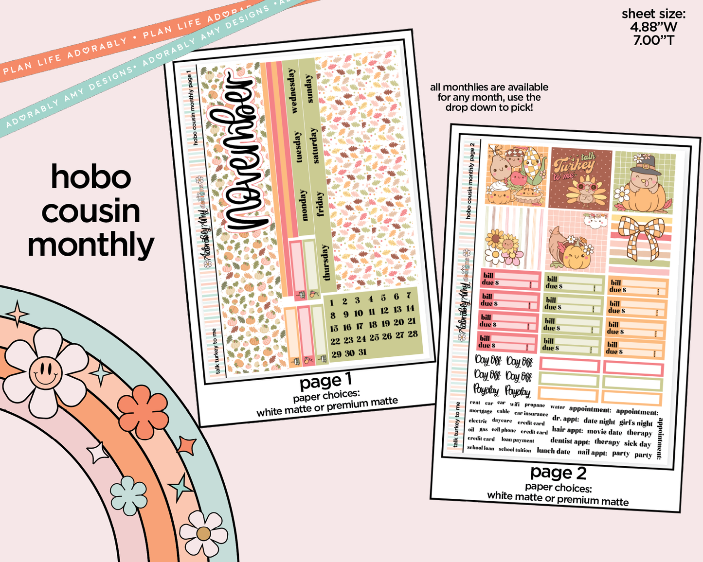 Hobonichi Cousin Monthly Pick Your Month Talk Turkey to Me Planner Sticker Kit for Hobo Cousin or Similar Planners