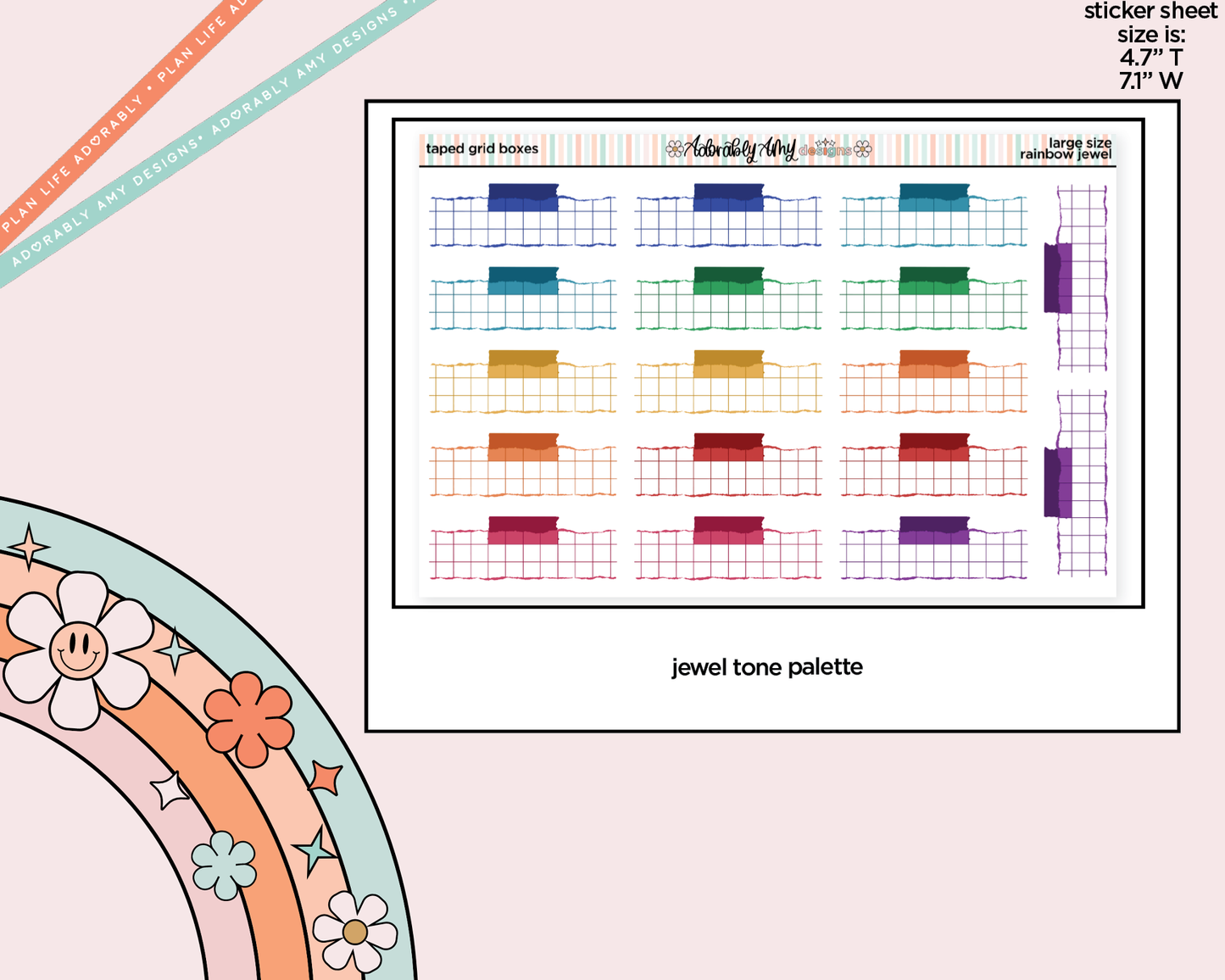 Rainbow Doodled Taped Grid Boxes Large/Jumbo Size Planner Stickers