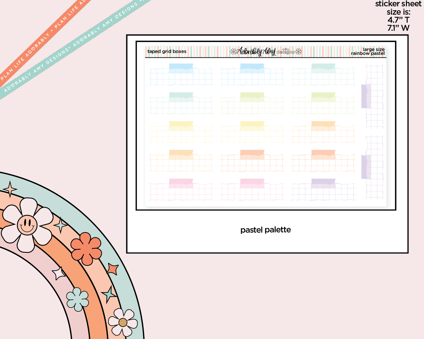 Rainbow Doodled Taped Grid Boxes Large/Jumbo Size Planner Stickers