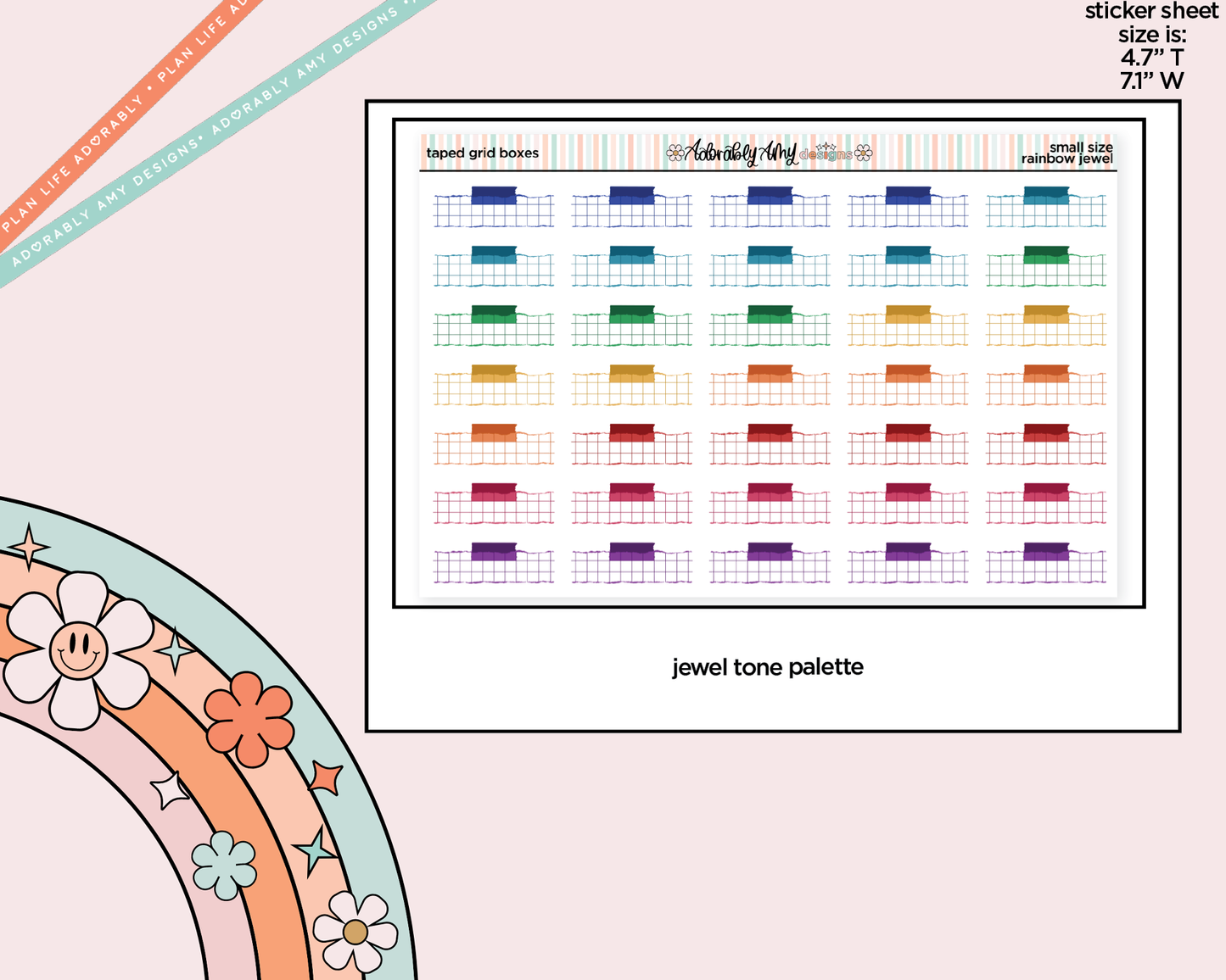 Rainbow Doodled Taped Grid Boxes Small Size Planner Stickers