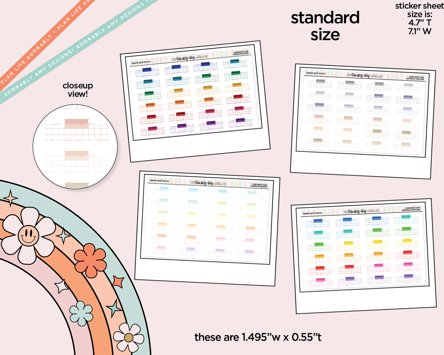 Rainbow Doodled Taped Grid Boxes Standard Size Planner Stickers