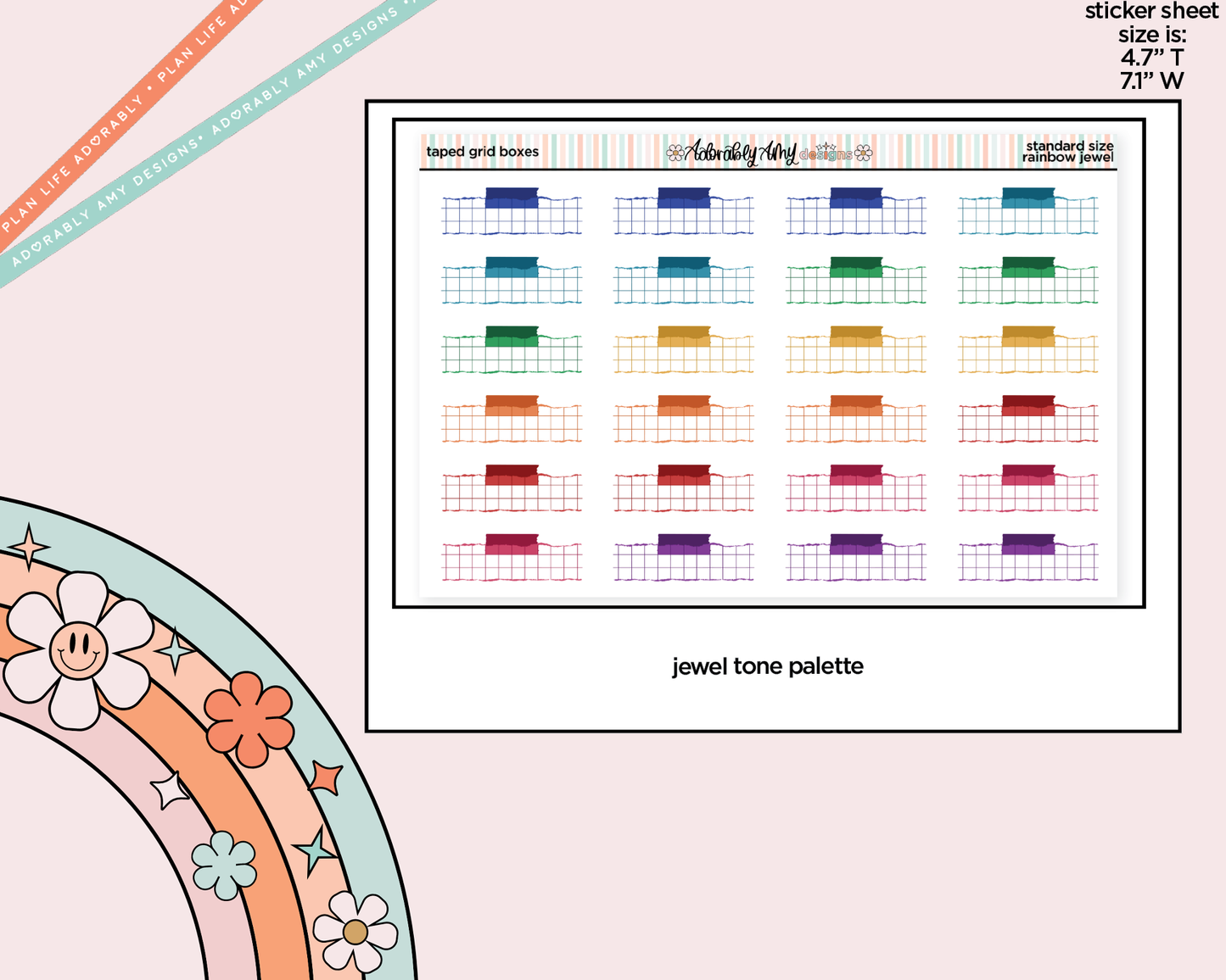 Rainbow Doodled Taped Grid Boxes Standard Size Planner Stickers
