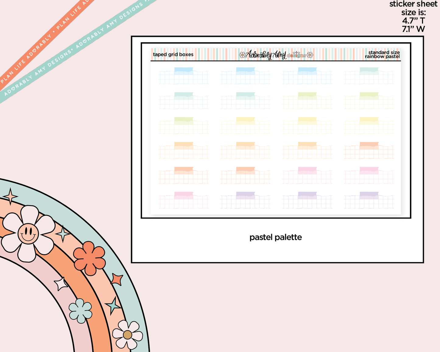 Rainbow Doodled Taped Grid Boxes Standard Size Planner Stickers