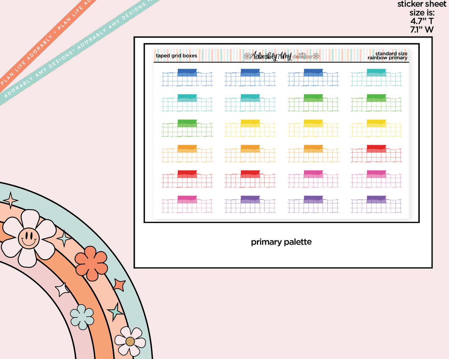 Rainbow Doodled Taped Grid Boxes Standard Size Planner Stickers