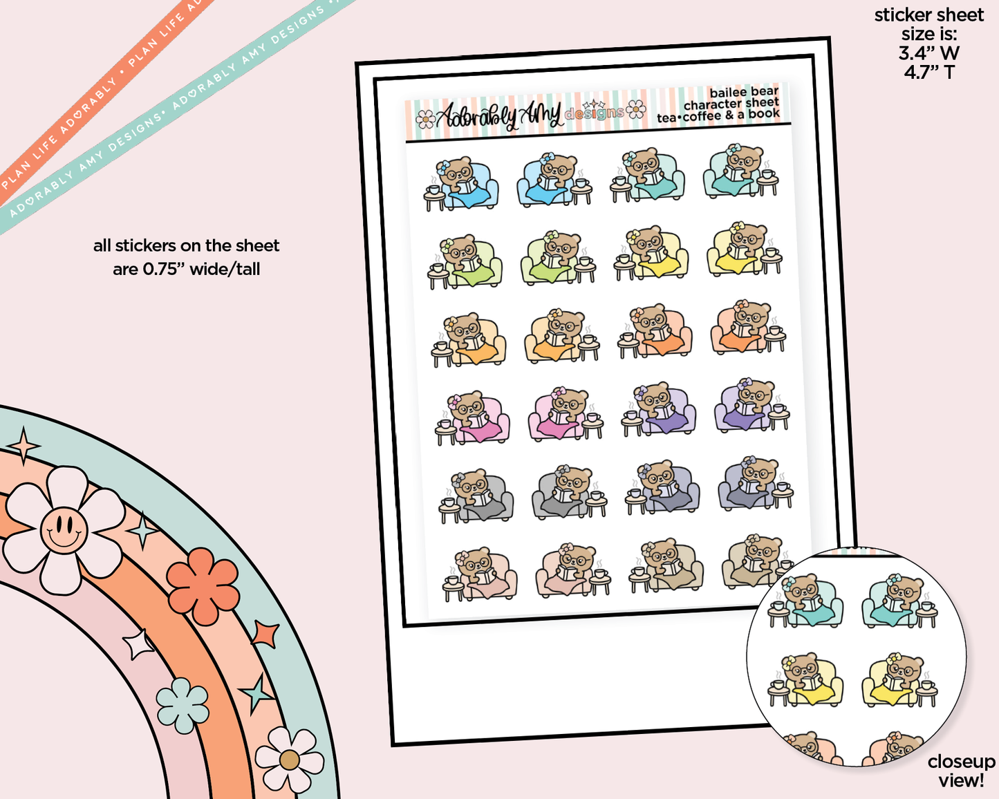 Bailee Bear Tea (or Coffee) & a Book Decoration Character Planner Stickers - Adorably Amy Designs
