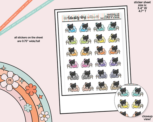 Toothless Cat Tea (or Coffee) & a Book Decoration Character Planner Stickers - Adorably Amy Designs
