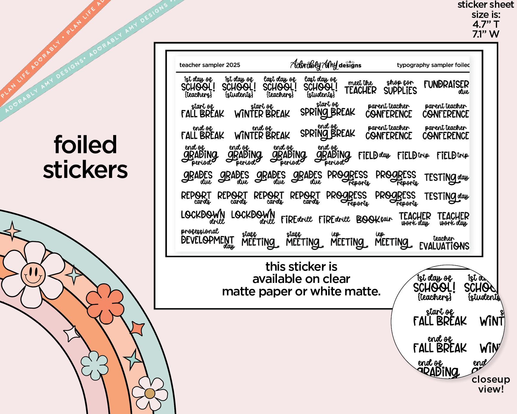 Foiled Teachers School Sampler 2025 Typography Planner Stickers ...