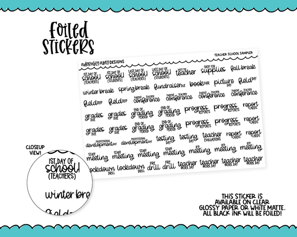 Foiled Teachers School Sampler Typography Planner Stickers for any Planner or Insert