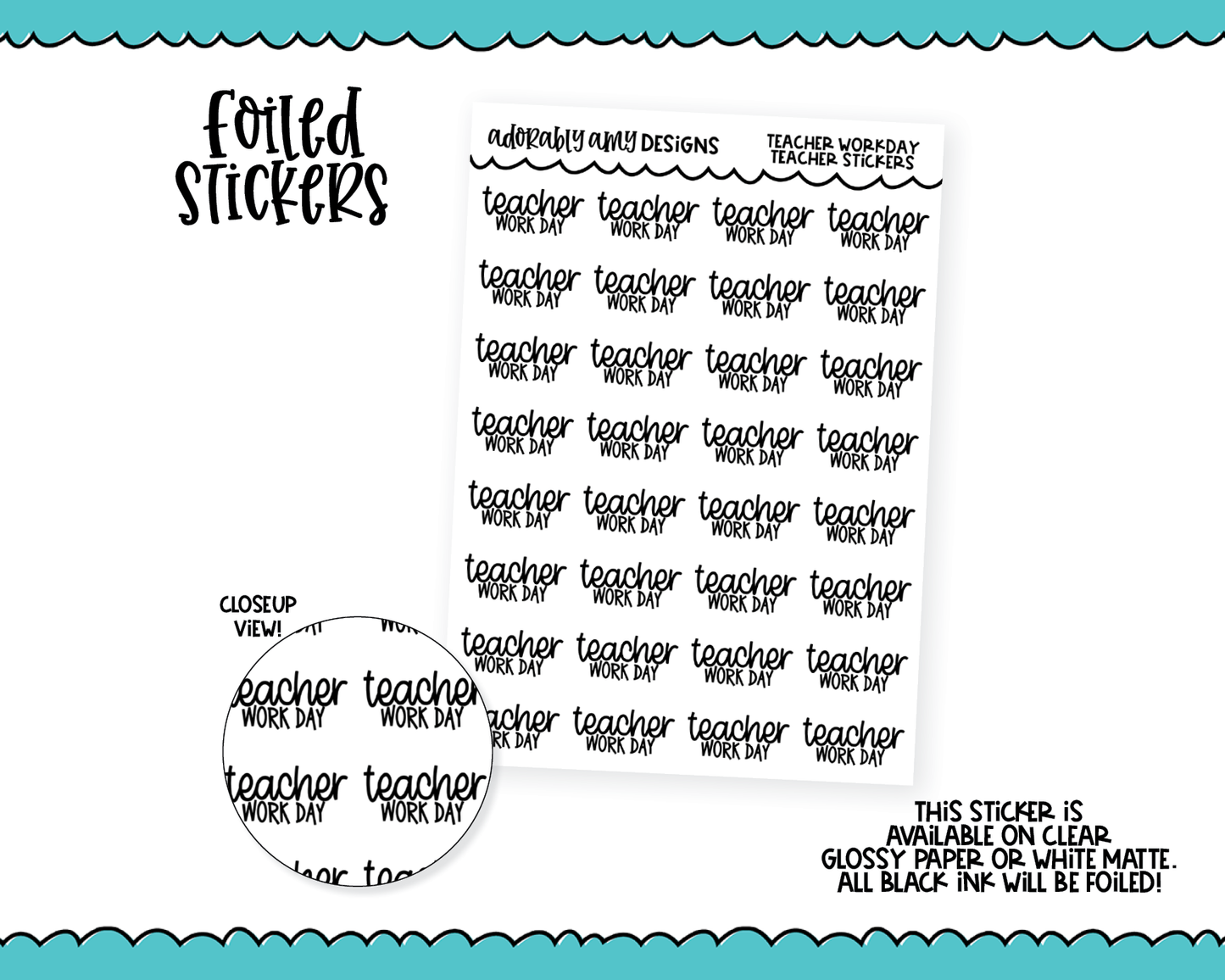 Foiled Teacher Workday V5 Reminder Typography Planner Stickers for any Planner or Insert