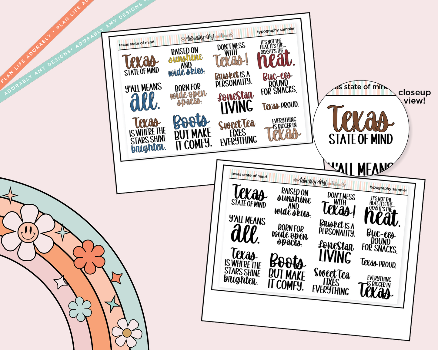Texas State of Mind Deco Typography Sampler Planner Stickers - Adorably Amy Designs