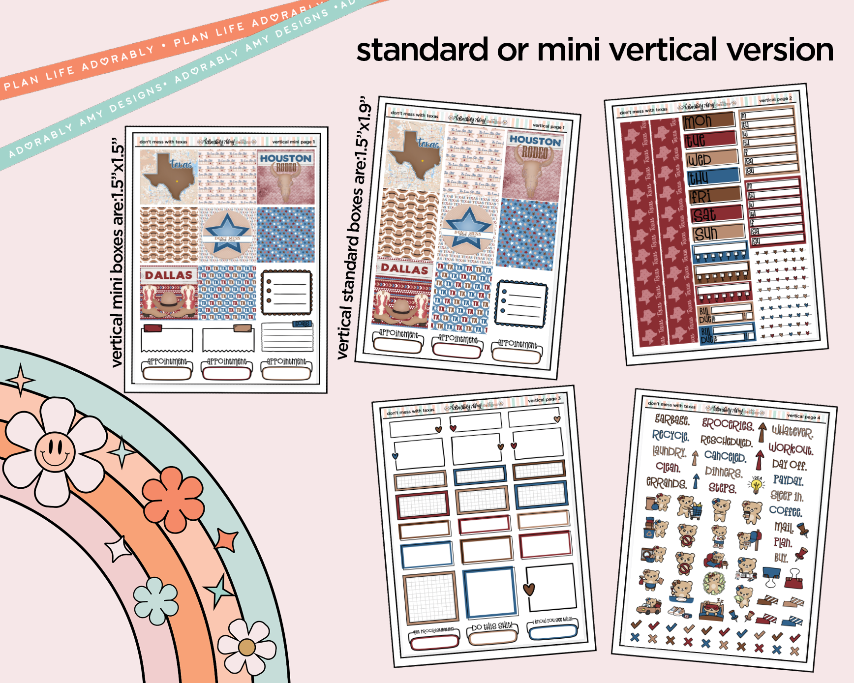 Vertical States Collection - Don't Mess With Texas Sticker Kit for Vertical Standard Size Planners or Insert - Adorably Amy Designs