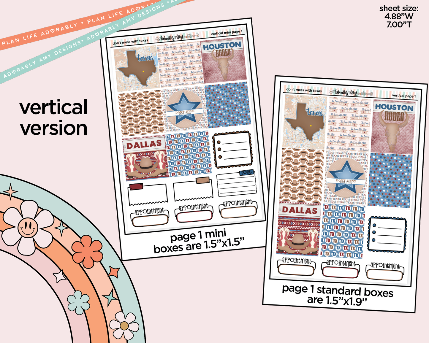 Vertical States Collection - Don't Mess With Texas Sticker Kit for Vertical Standard Size Planners or Insert - Adorably Amy Designs