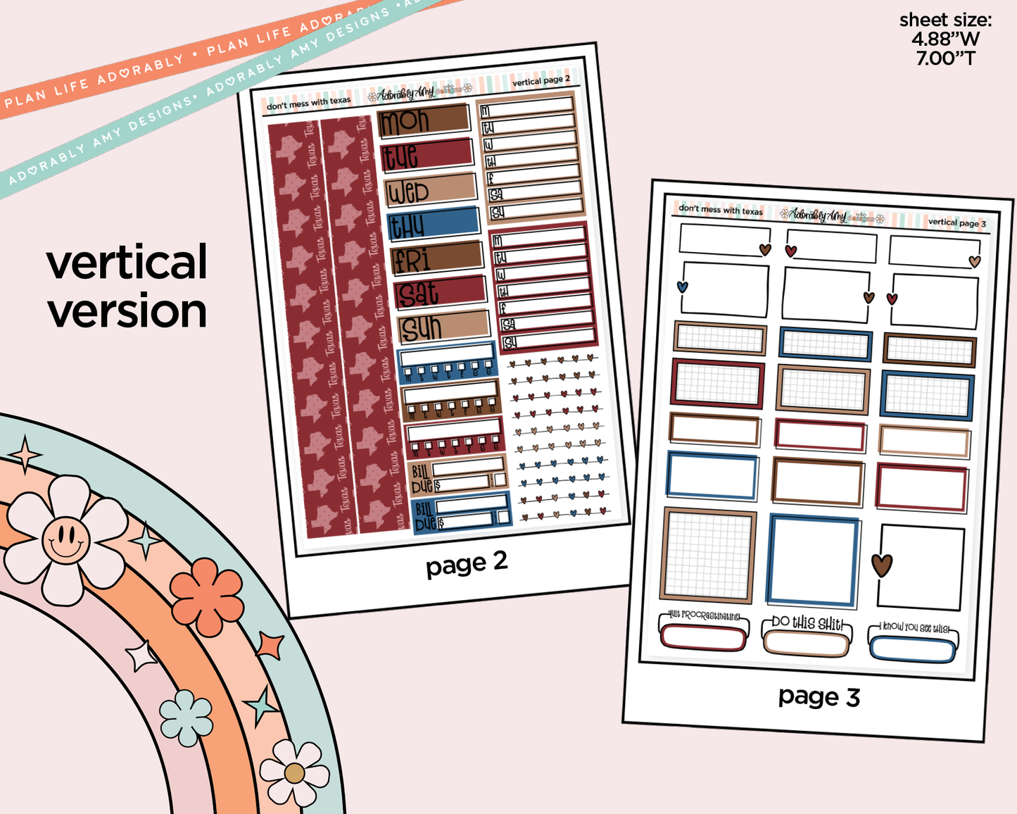 Vertical States Collection - Don't Mess With Texas Sticker Kit for Vertical Standard Size Planners or Insert - Adorably Amy Designs