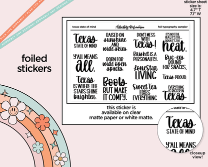 Foiled Texas State of Mind Deco Typography Sampler Planner Stickers - Adorably Amy Designs