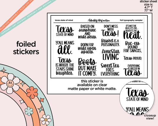 Foiled Texas State of Mind Deco Typography Sampler Planner Stickers - Adorably Amy Designs