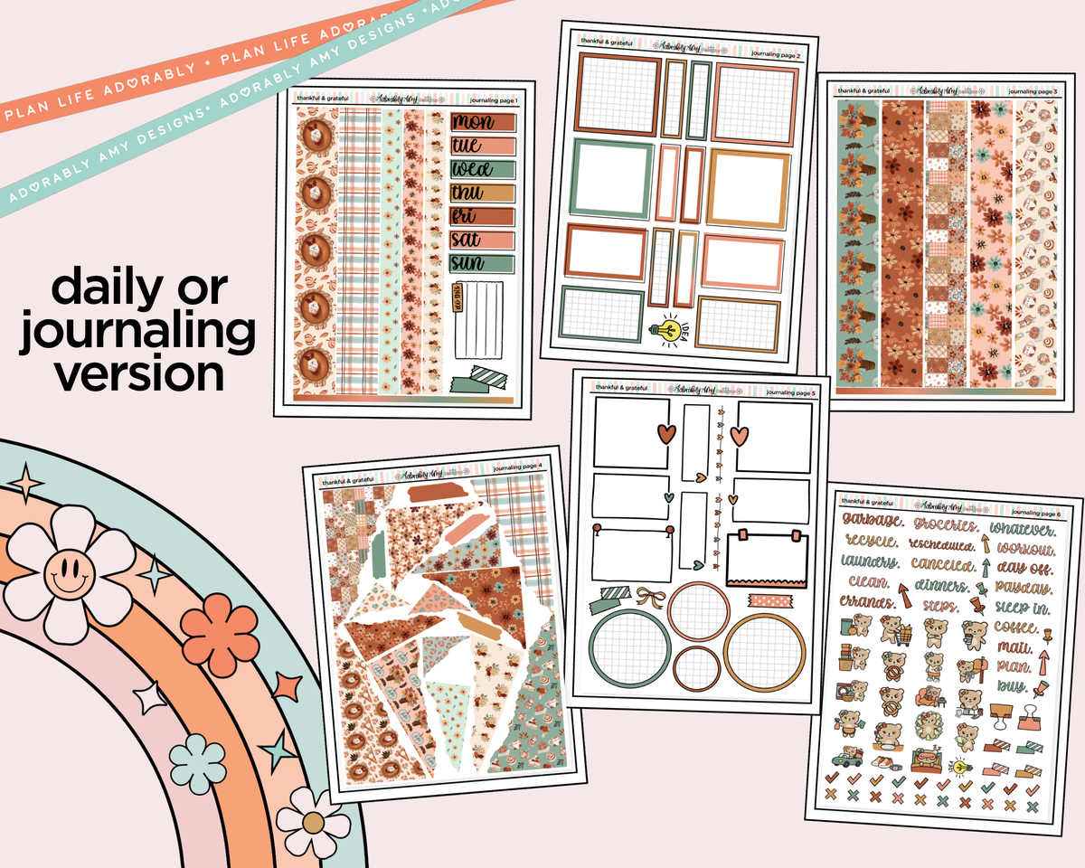 Journaling and Daily Planning Thankful & Grateful Planner Sticker Kit - Adorably Amy Designs