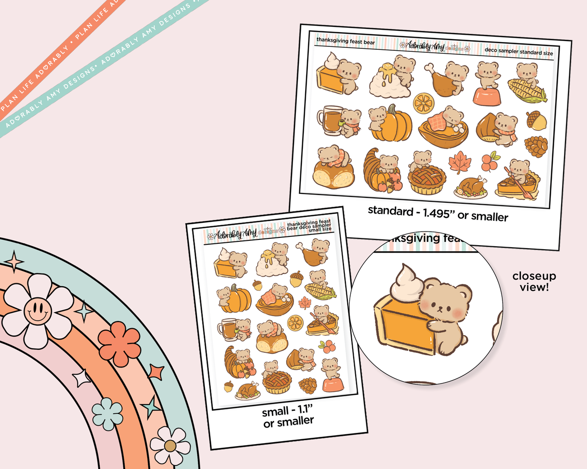 Thanksgiving Feast Bear Kawaii Deco Samplers in 3 Sizes Decorative Planner Stickers - Adorably Amy Designs