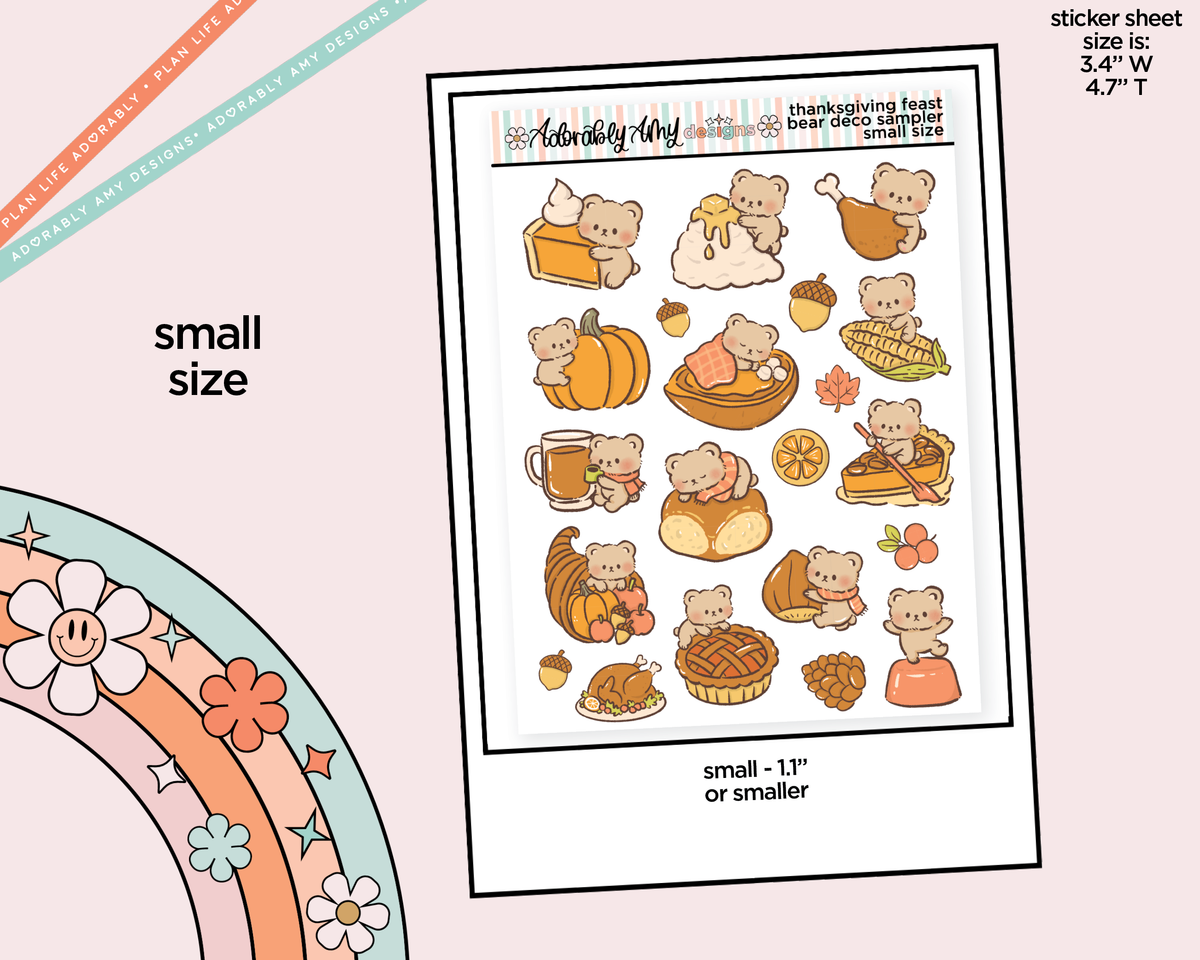 Thanksgiving Feast Bear Kawaii Deco Samplers in 3 Sizes Decorative Planner Stickers - Adorably Amy Designs