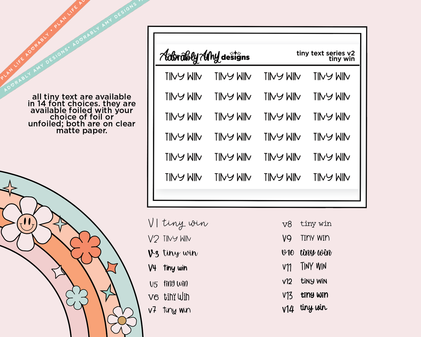 Foiled Tiny Text Series - Tiny Win Just Vibes Checklist Size Planner Sticker Sheet - Adorably Amy Designs