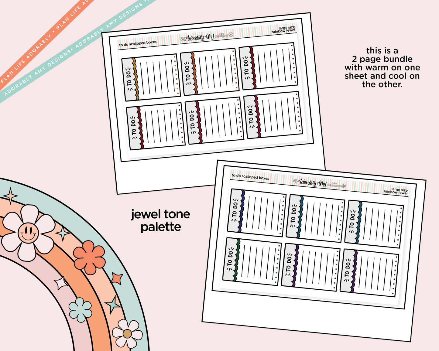 Rainbow Doodled To Do Scallop Boxes Large/Jumbo Size Planner Stickers