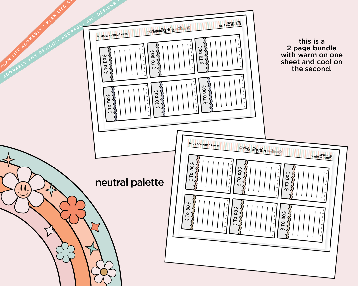 Rainbow Doodled To Do Scallop Boxes Large/Jumbo Size Planner Stickers