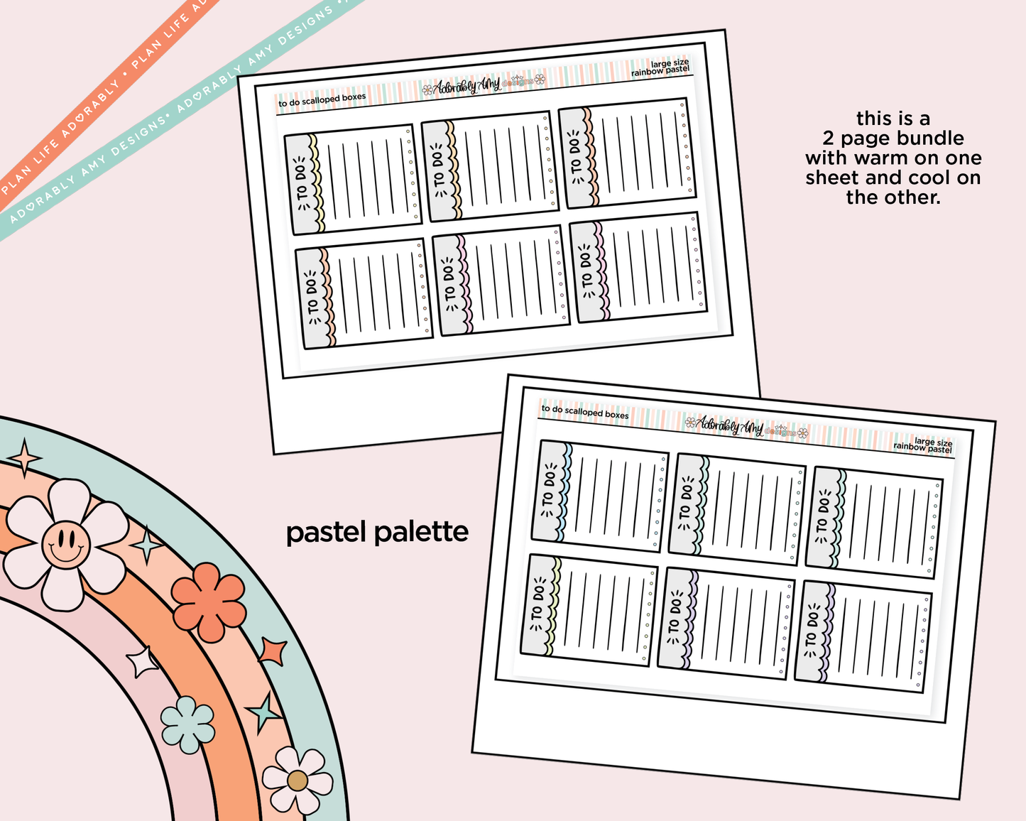Rainbow Doodled To Do Scallop Boxes Large/Jumbo Size Planner Stickers