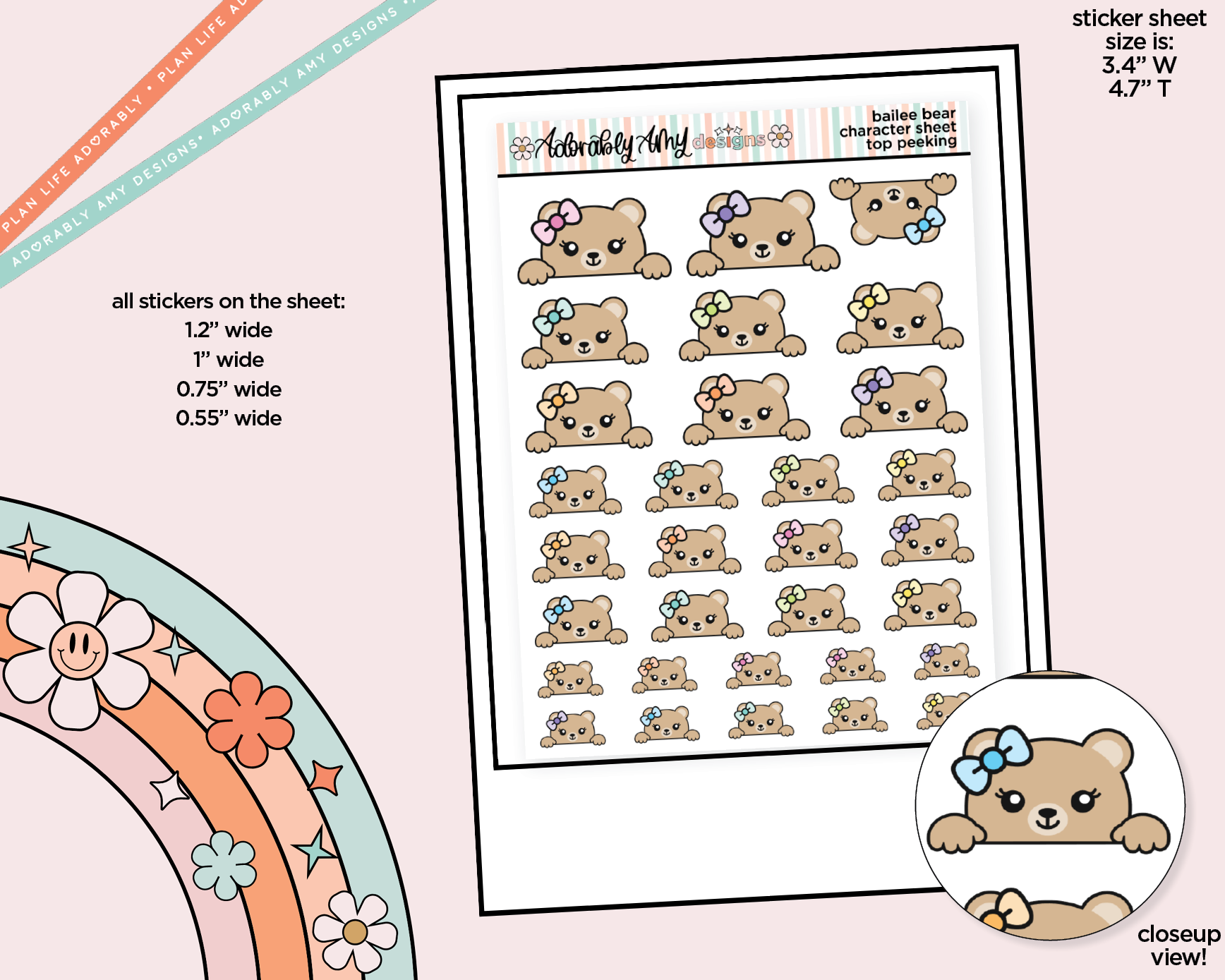 Bailee Bear Top Peeking Decoration Character Planner Stickers - Adorably Amy Designs
