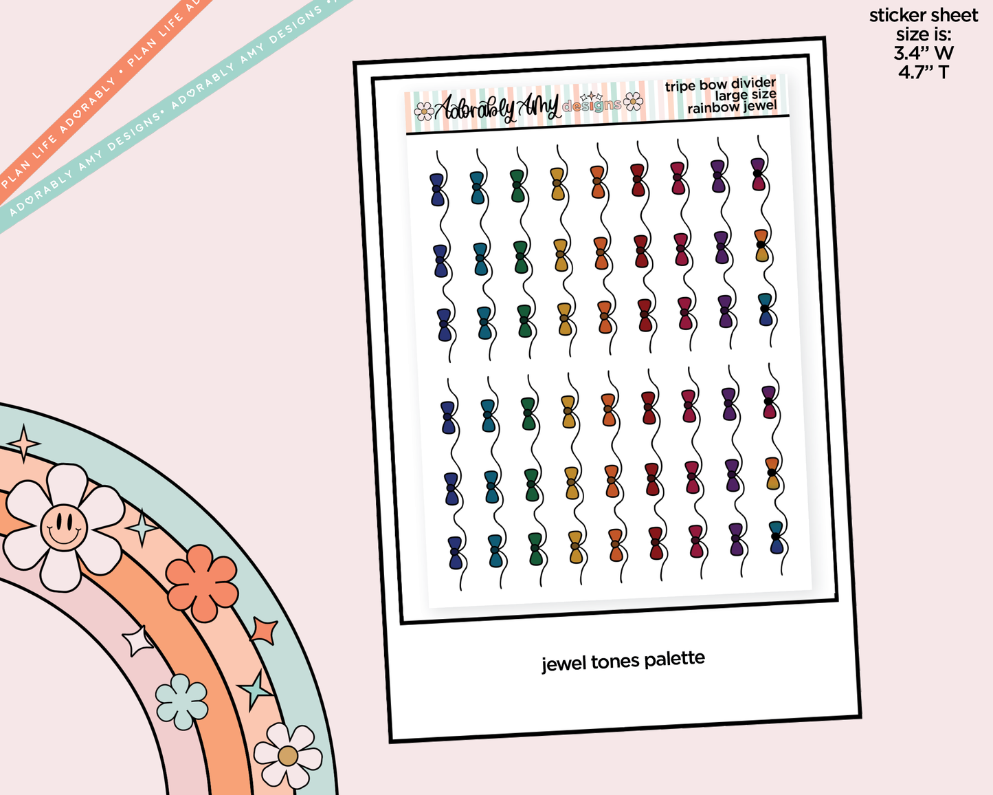 Rainbow Doodled Triple Bow Dividers Deco Large/Jumbo Size Stickers for any Planner or Insert