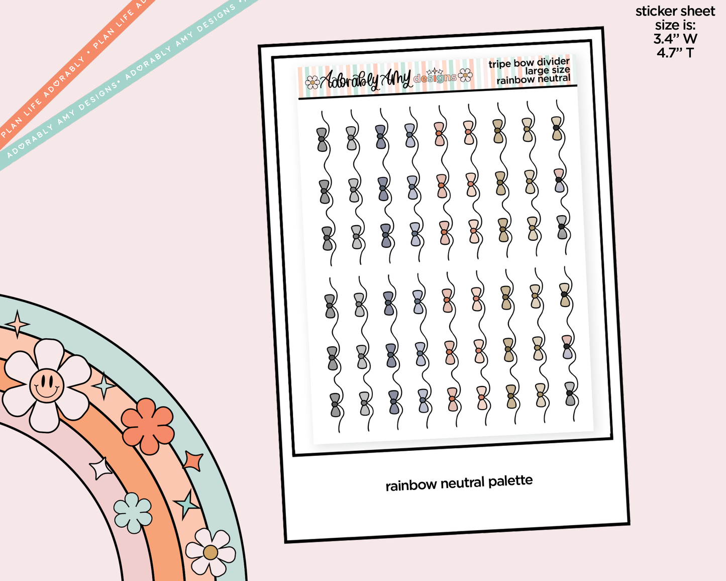 Rainbow Doodled Triple Bow Dividers Deco Large/Jumbo Size Stickers for any Planner or Insert
