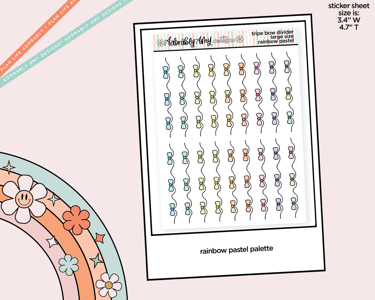 Rainbow Doodled Triple Bow Dividers Deco Large/Jumbo Size Stickers for any Planner or Insert