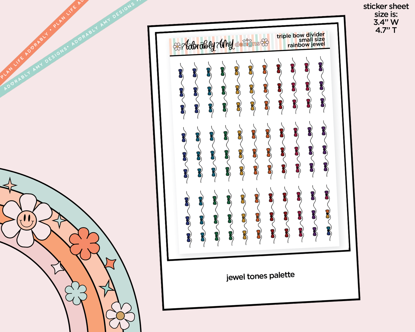 Rainbow Doodled Triple Bow Dividers Deco Small Size Stickers for any Planner or Insert