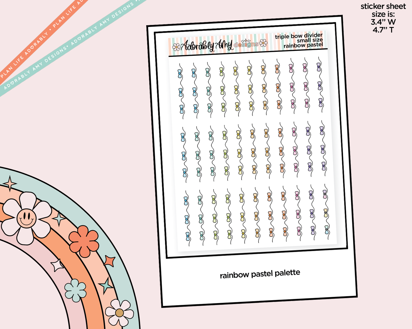 Rainbow Doodled Triple Bow Dividers Deco Small Size Stickers for any Planner or Insert