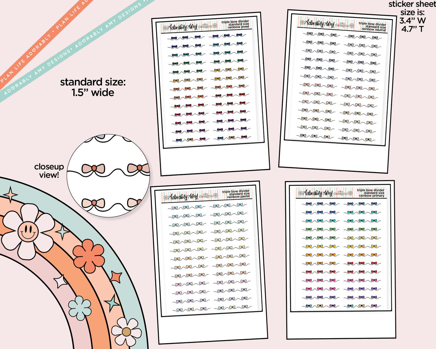 Rainbow Doodled Triple Bow Dividers Deco Standard Size Stickers for any Planner or Insert