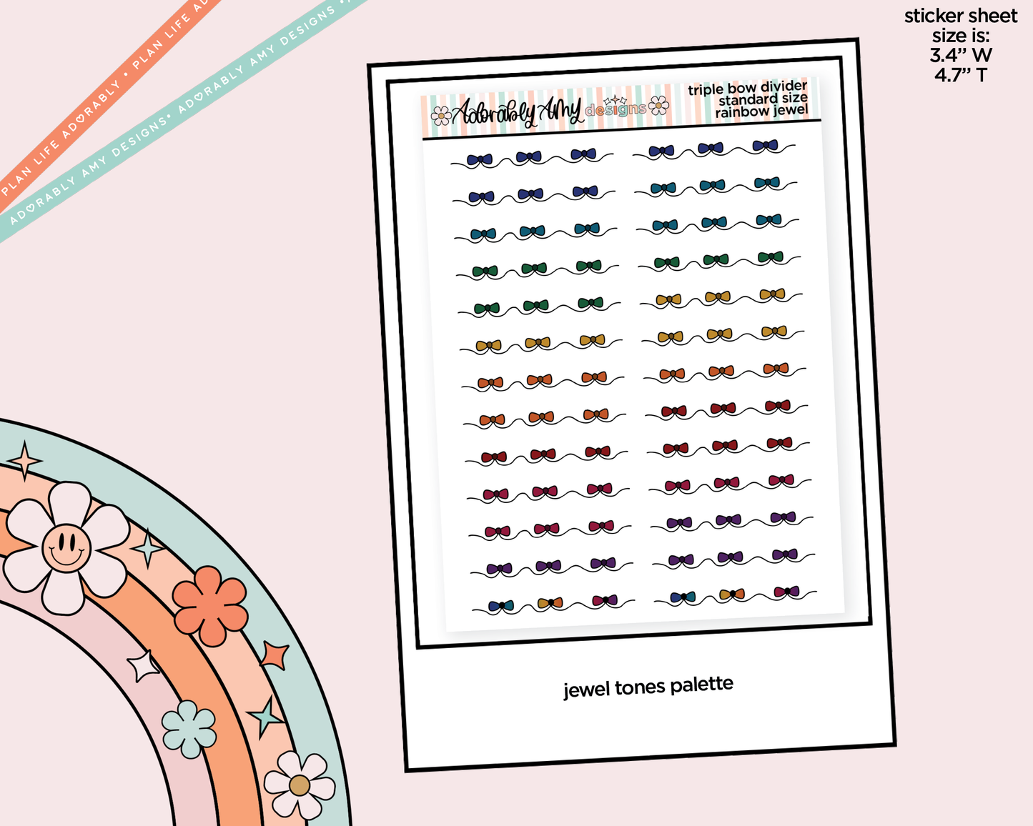 Rainbow Doodled Triple Bow Dividers Deco Standard Size Stickers for any Planner or Insert