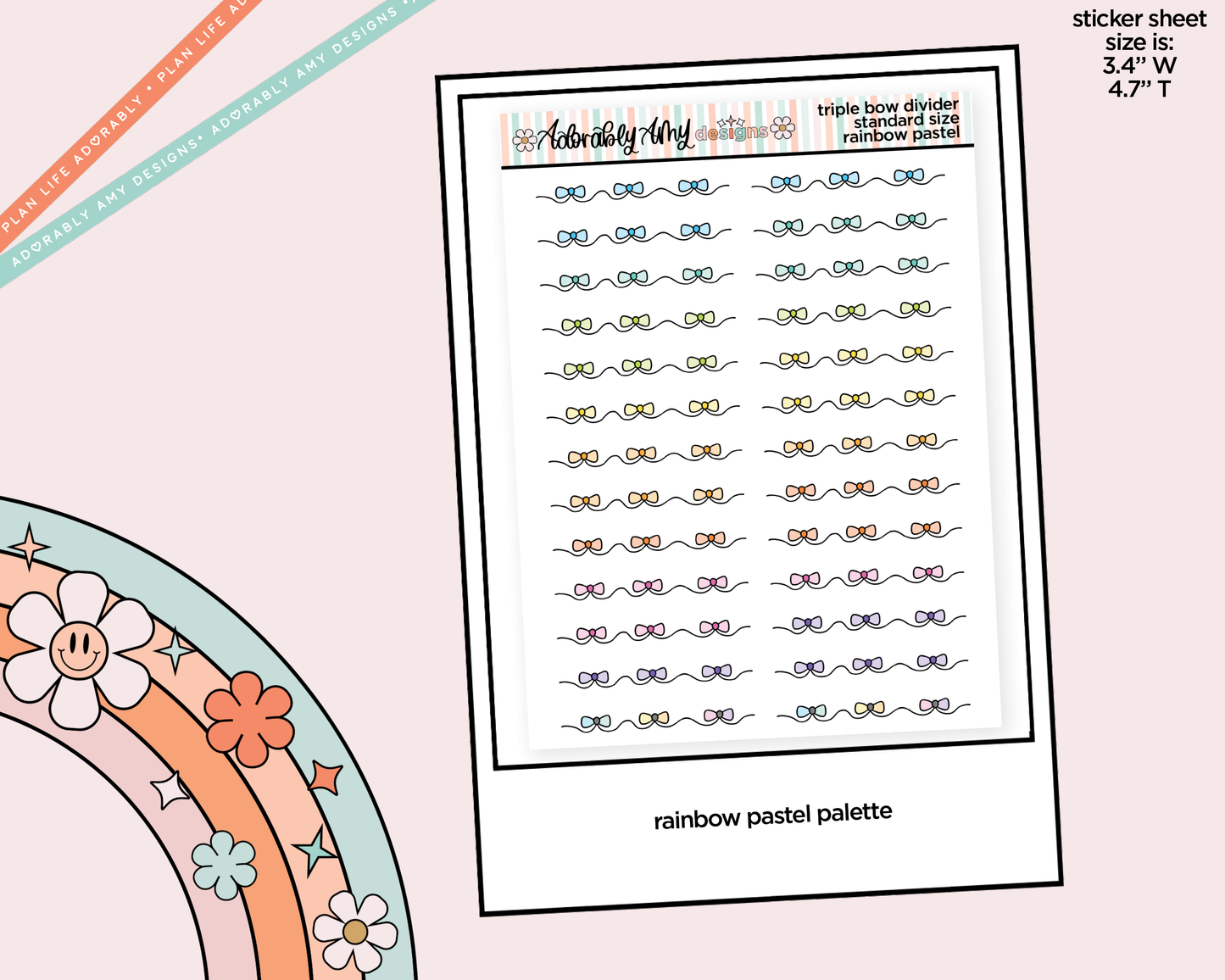 Rainbow Doodled Triple Bow Dividers Deco Standard Size Stickers for any Planner or Insert
