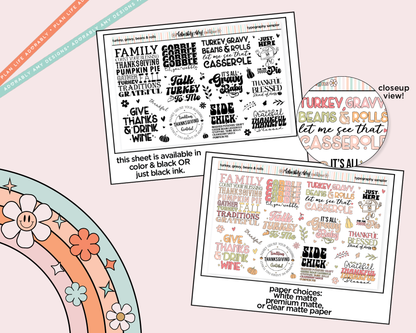 Turkey, Gravy, Beans and Rolls, Let Me See that Casserole Deco Typography Sampler Planner Stickers