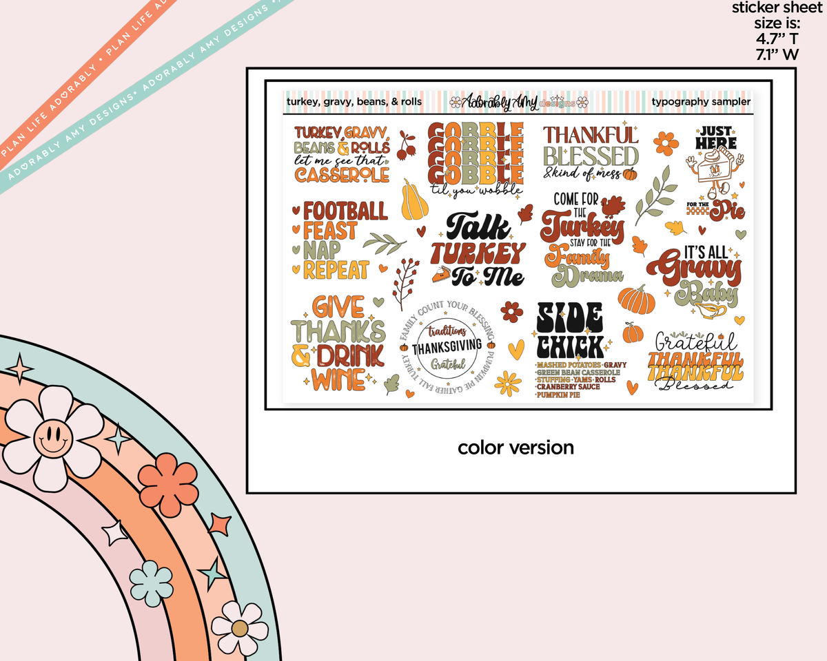 Turkey, Gravy, Beans & Rolls, Let Me See That Casserole Thanksgiving Typography Sampler Planner Stickers - Adorably Amy Designs