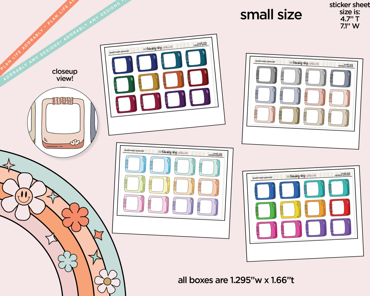 Rainbow Doodle Washi-Heart Polaroid Boxes-Frames Small Size Planner Stickers - Adorably Amy Designs