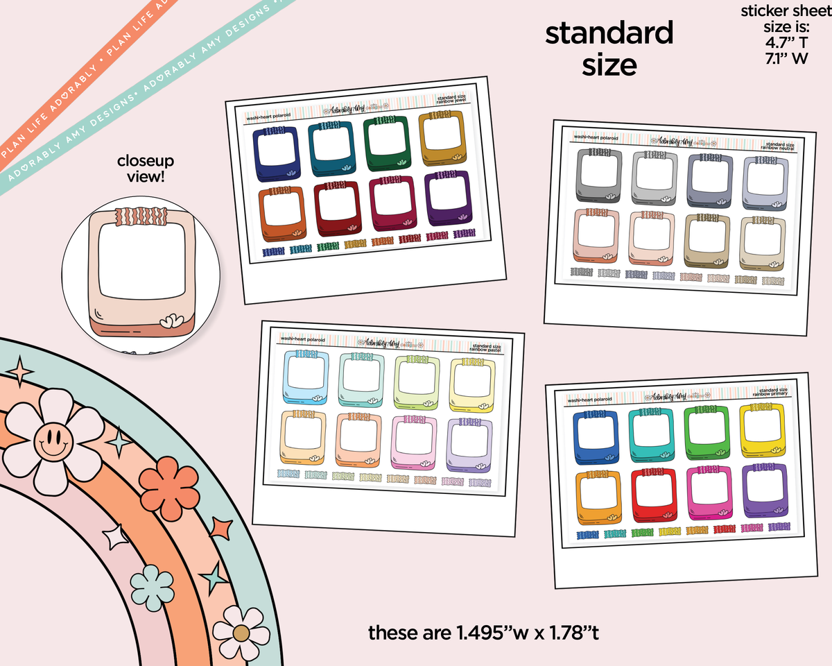 Rainbow Doodle Washi-Heart Polaroid Boxes-Frames Standard Size Planner Stickers - Adorably Amy Designs