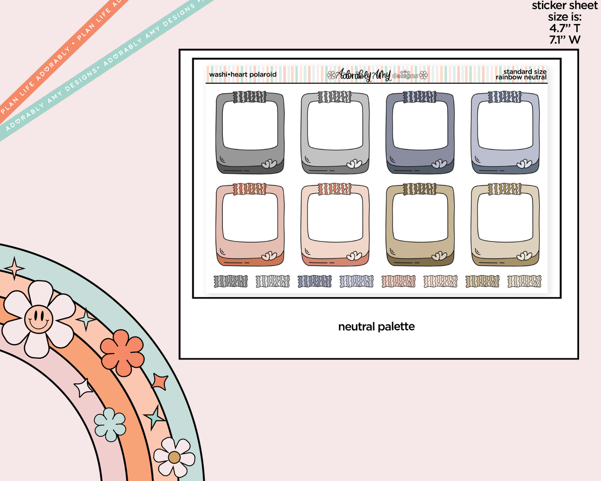 Rainbow Doodle Washi-Heart Polaroid Boxes-Frames Standard Size Planner Stickers - Adorably Amy Designs