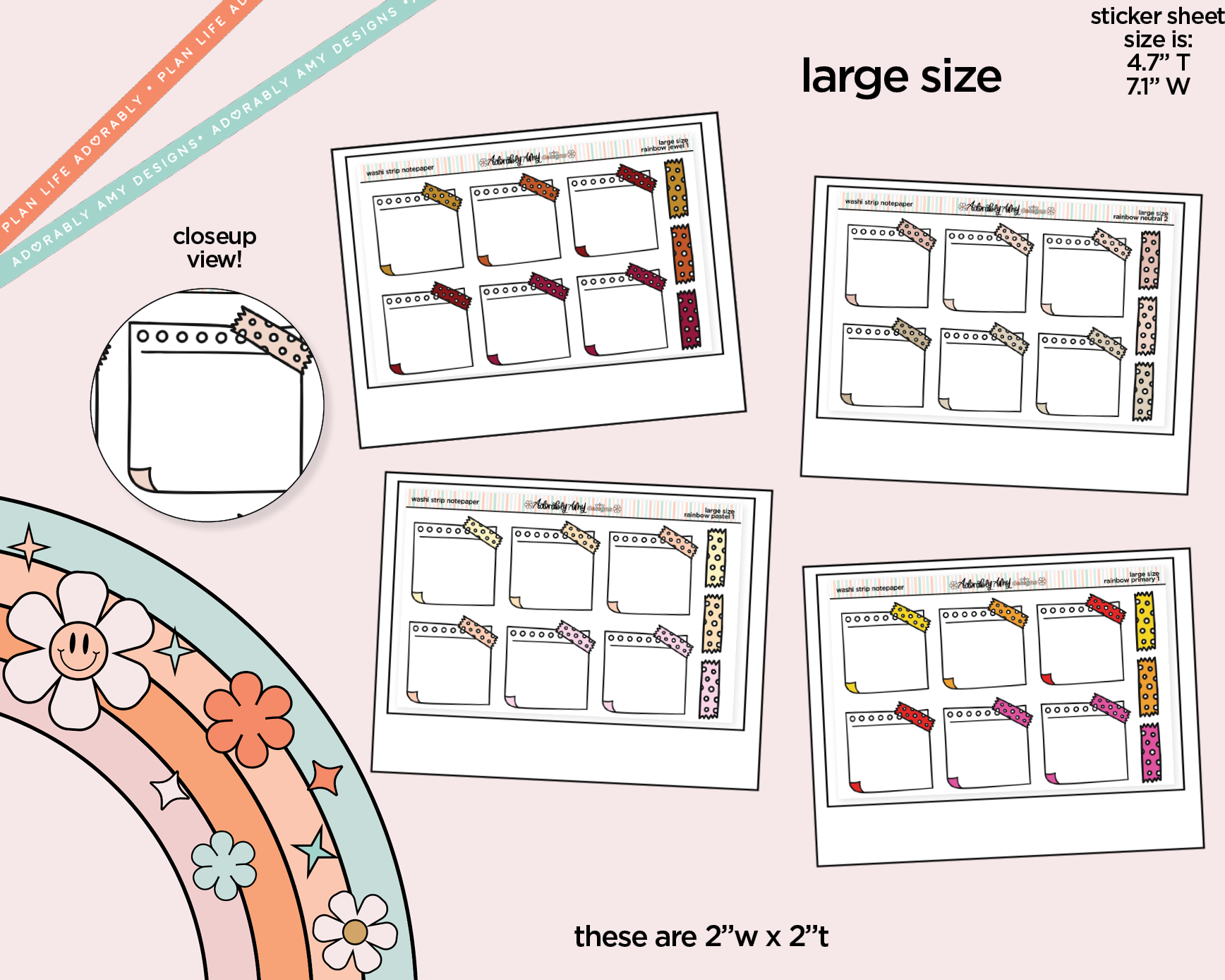 Rainbow Doodled Wash Strip Notepaper Boxes Large/Jumbo Size Stickers - Adorably Amy Designs