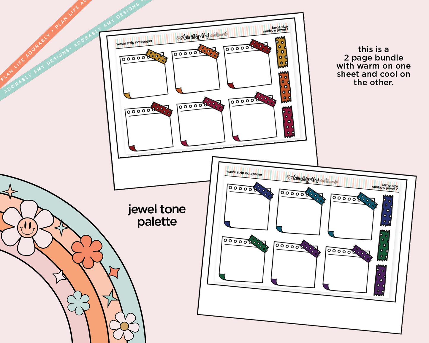 Rainbow Doodled Wash Strip Notepaper Boxes Large/Jumbo Size Stickers - Adorably Amy Designs